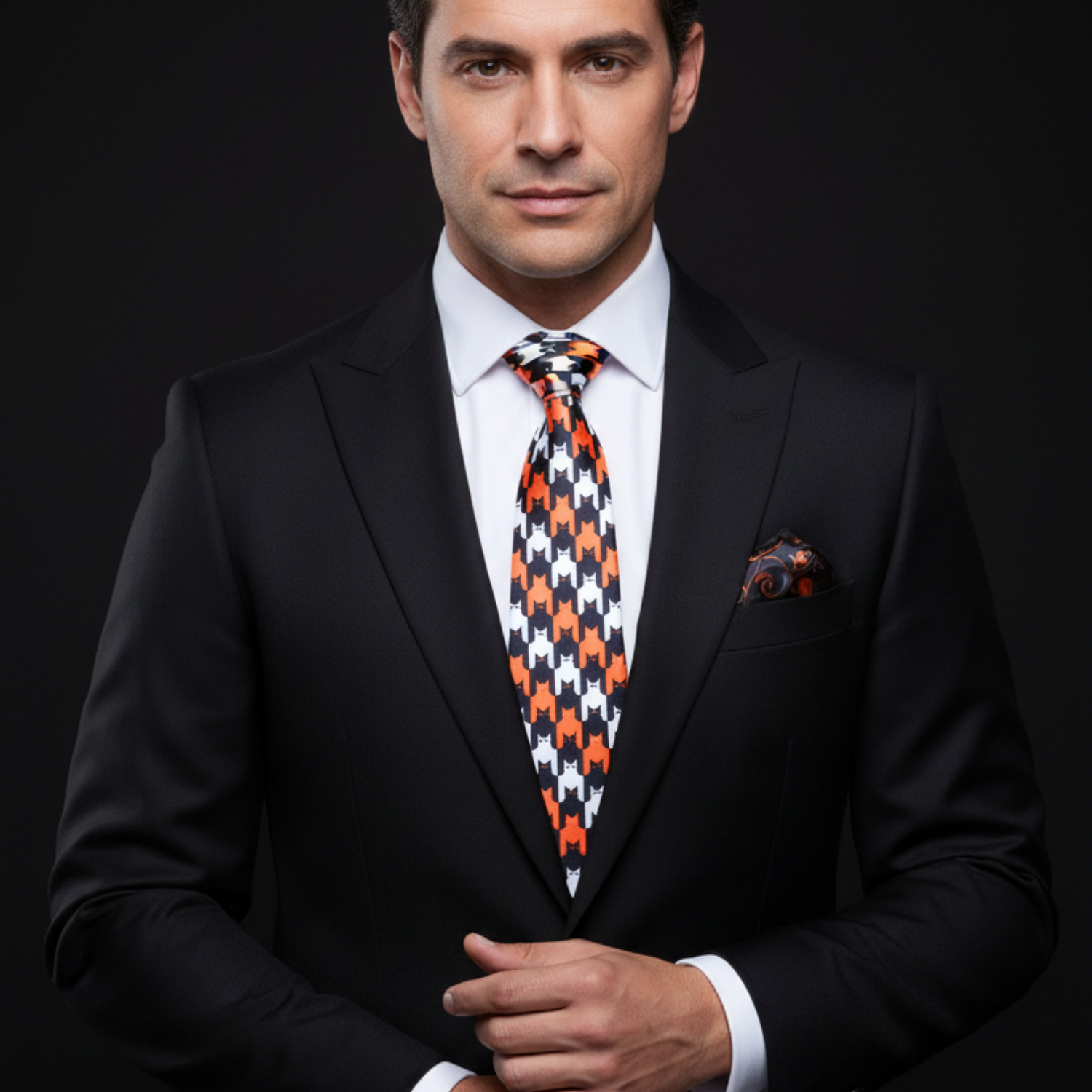Man wearing a black suit with a patterned tie on a dark background