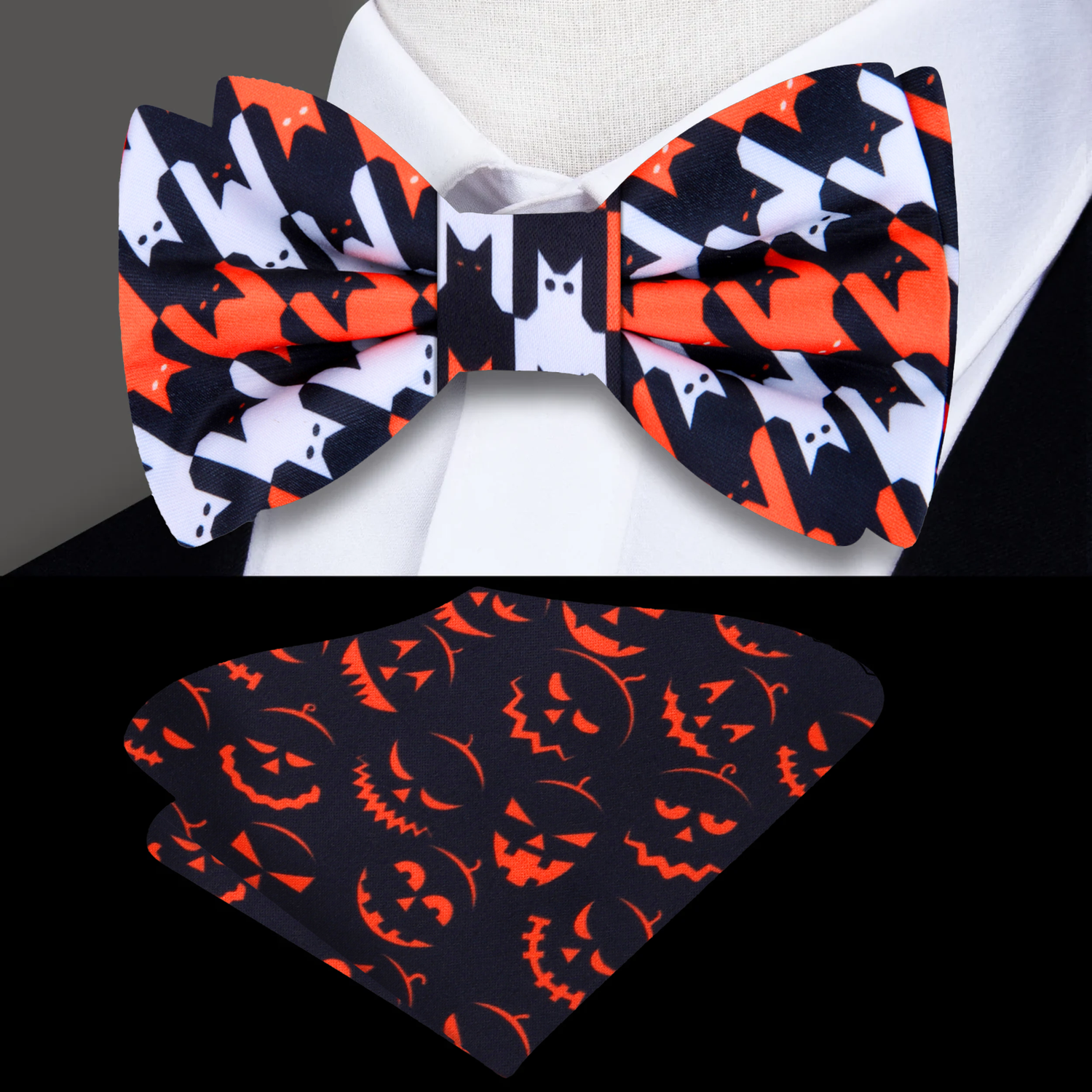 Black Orange White Halloween Cats Bow Tie and Accenting Square