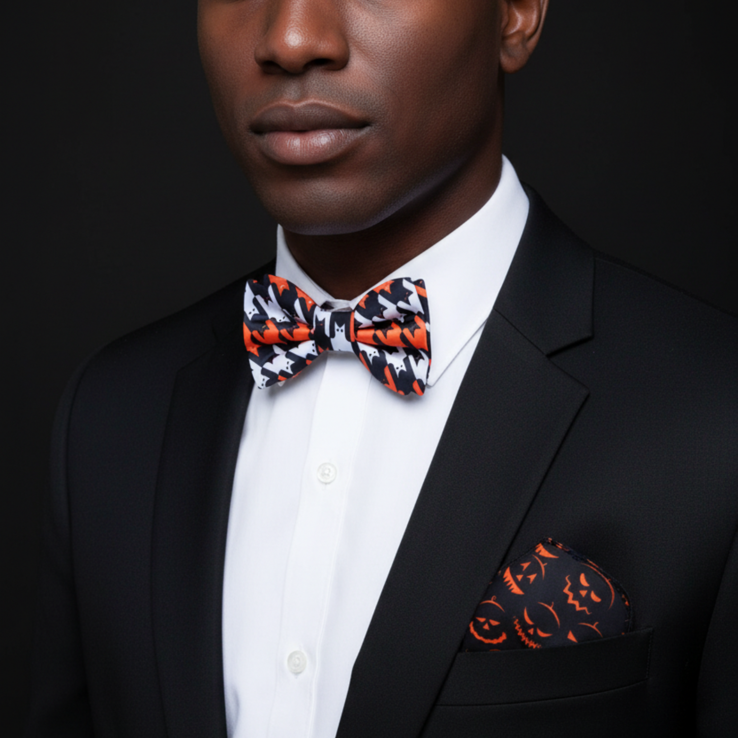 Man wearing a black suit with a colorful bow tie and pocket square against a dark background