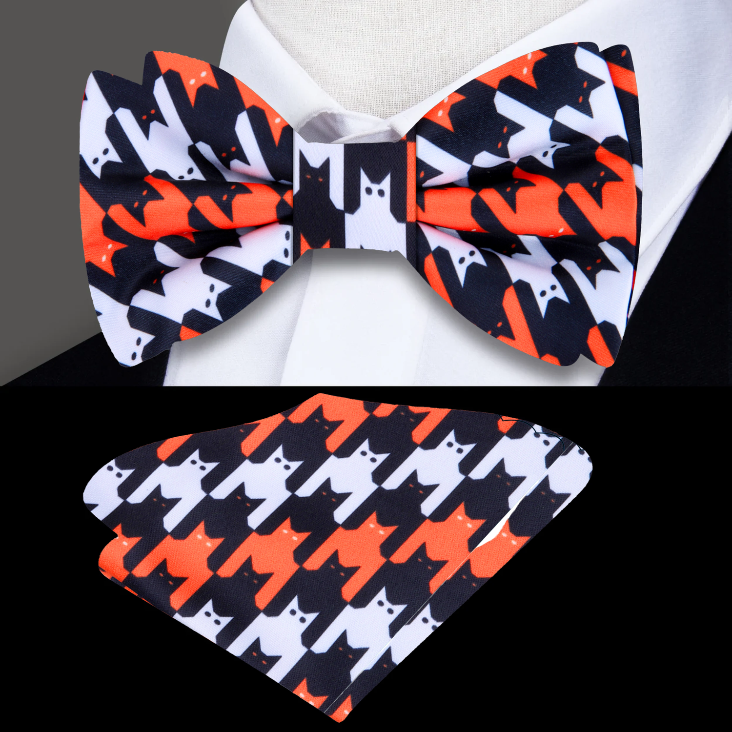 Black, Orange, White Bats and Cats Bow Tie and Pocket Square