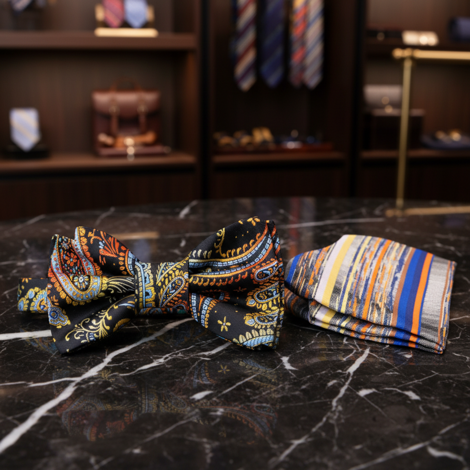 Black, Orange, Blue, Red, Yellow Paisley Bow Tie and Accenting Square