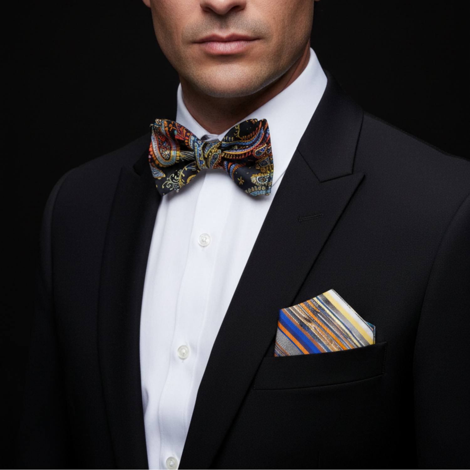 Man wearing a black suit with a colorful bow tie and pocket square against a black background