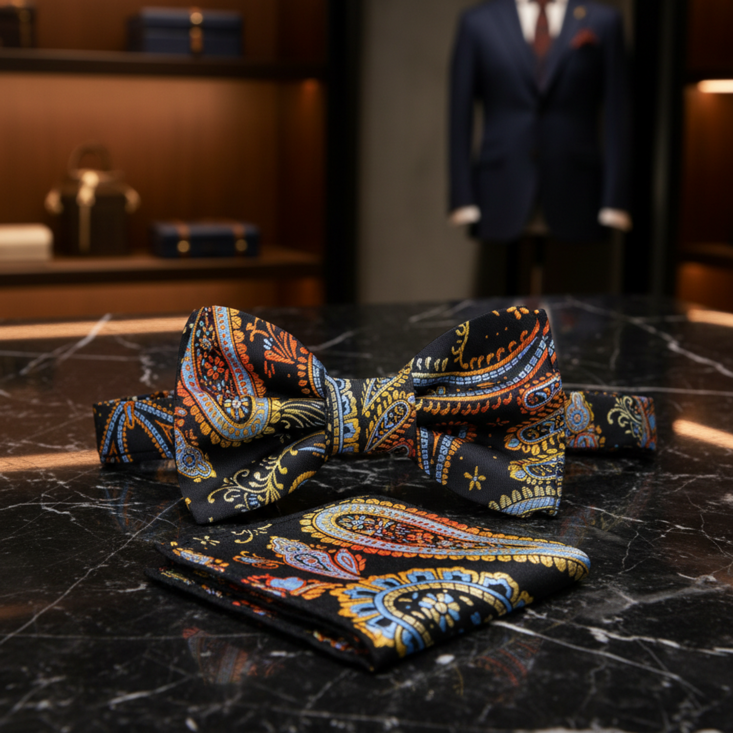Black, Orange, Blue, Red, Yellow Paisley Bow Tie and Matching Square