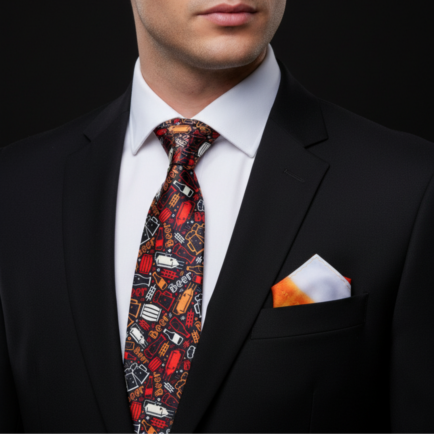 Black, Orange, Red & White Beer Brewer Pattern Necktie