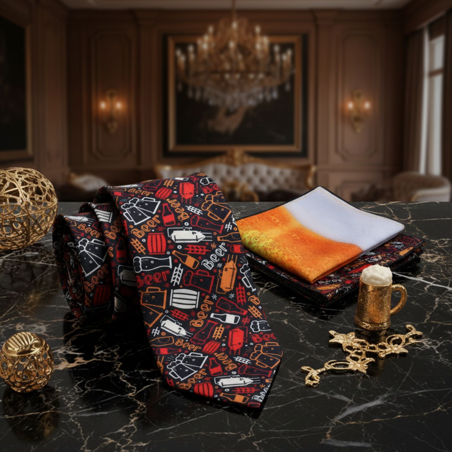 Alt Black and Orange Beer Necktie and Accenting Square