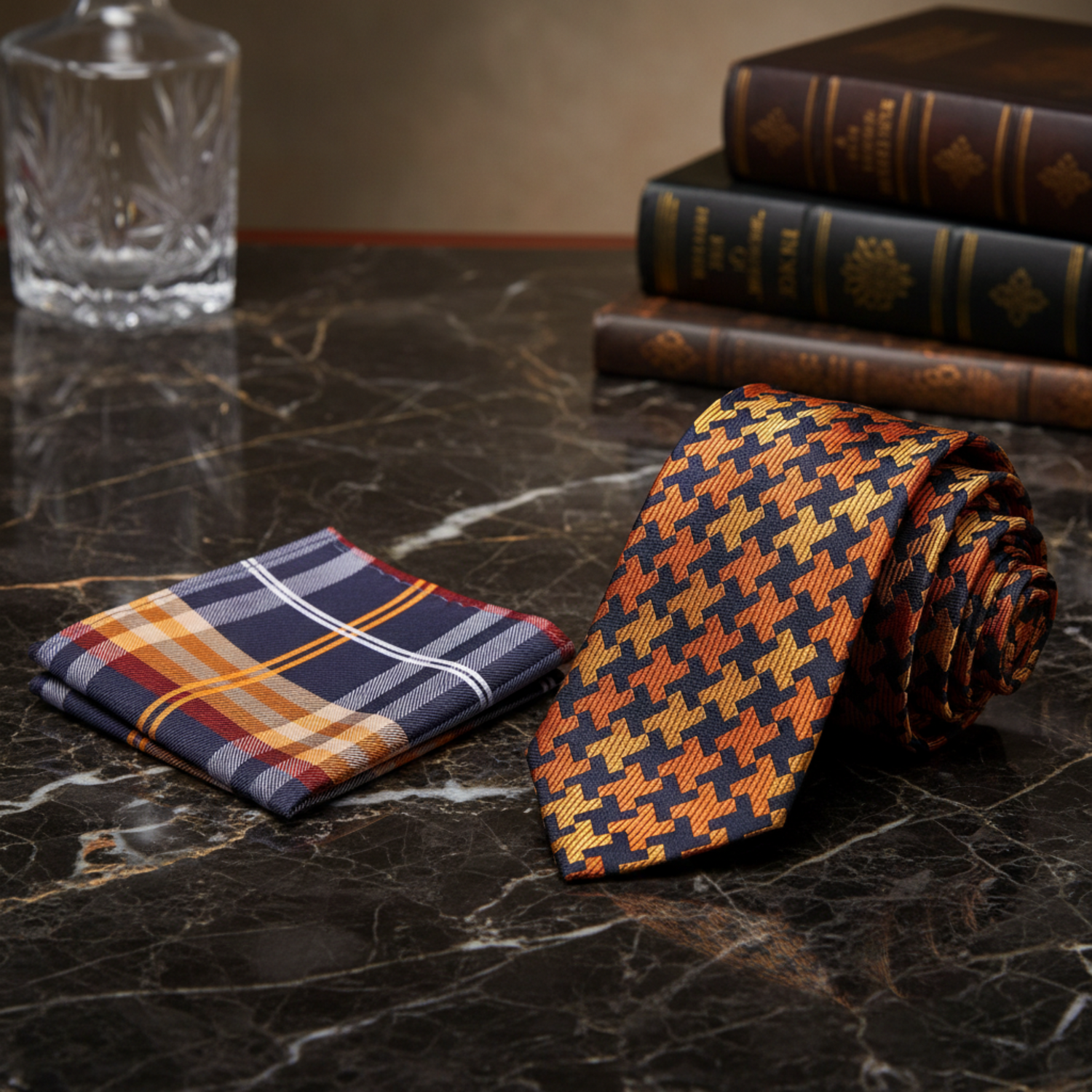 Set of plaid pocket square and houndstooth tie on a white background