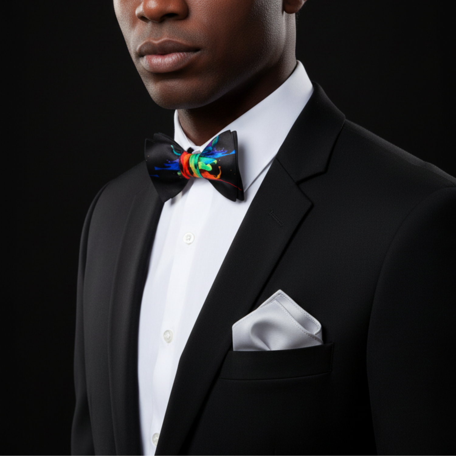 Man wearing a black suit with a colorful bow tie on a black background