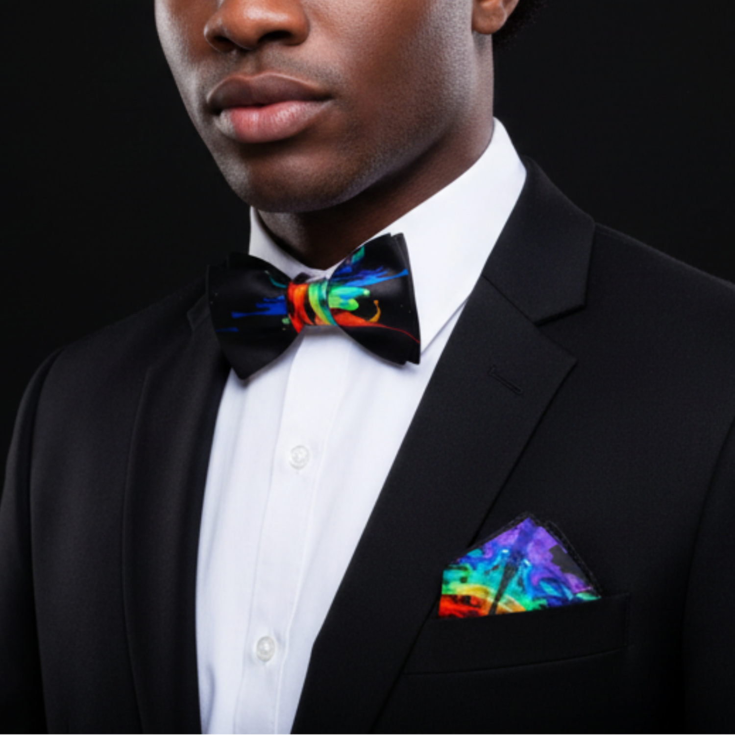 Man wearing black paint splash bow tie and square
