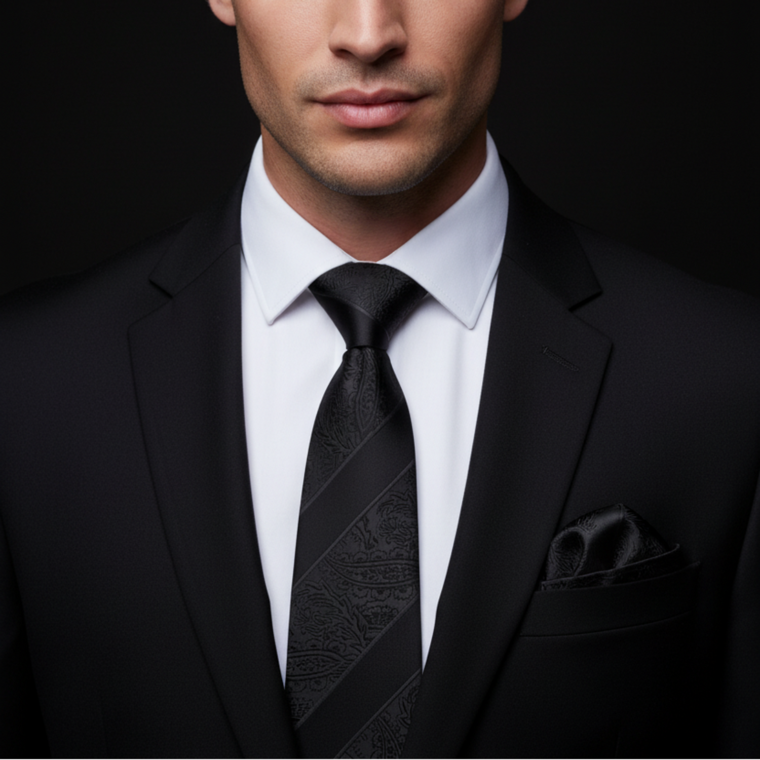 Man wearing a black suit with a white shirt and black tie against a dark background