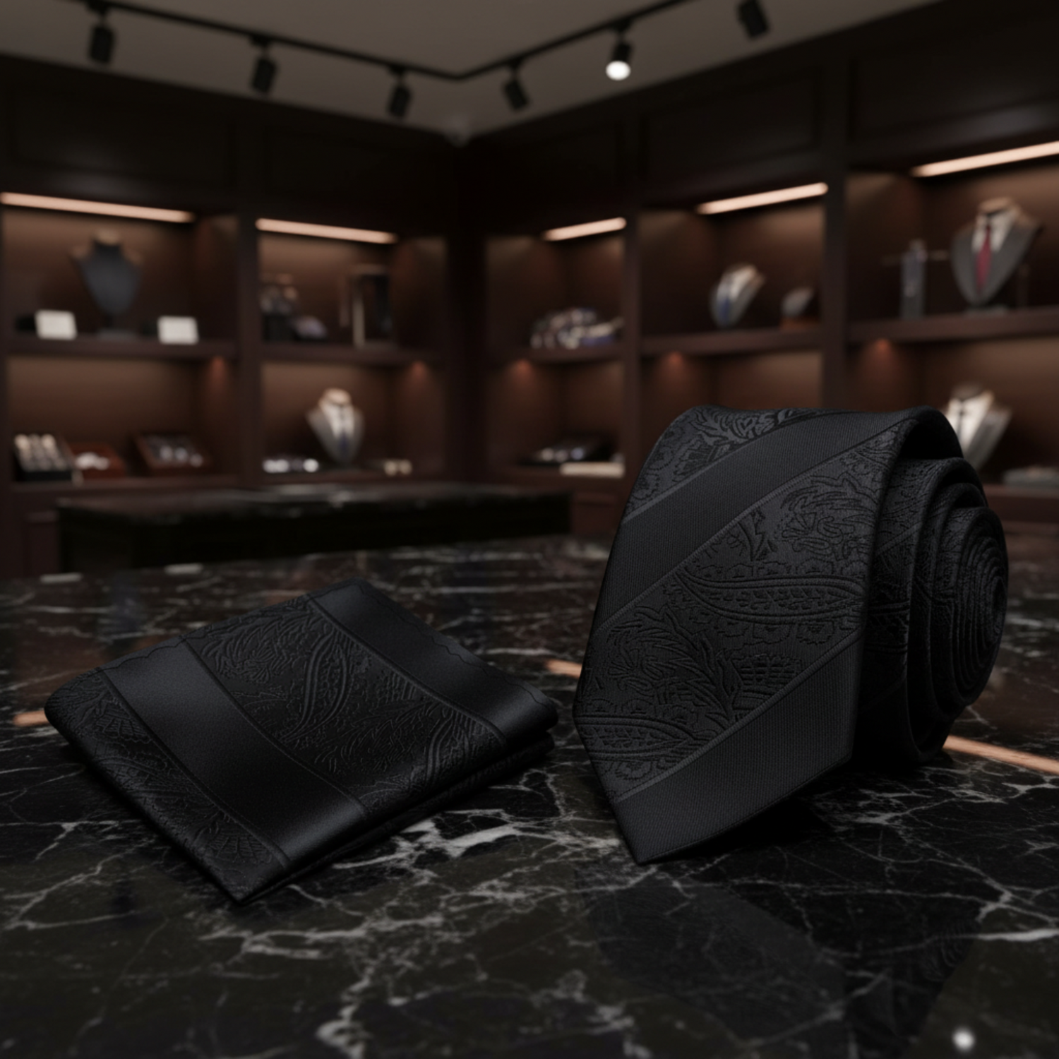 Black tie with red polka dots on a marble surface