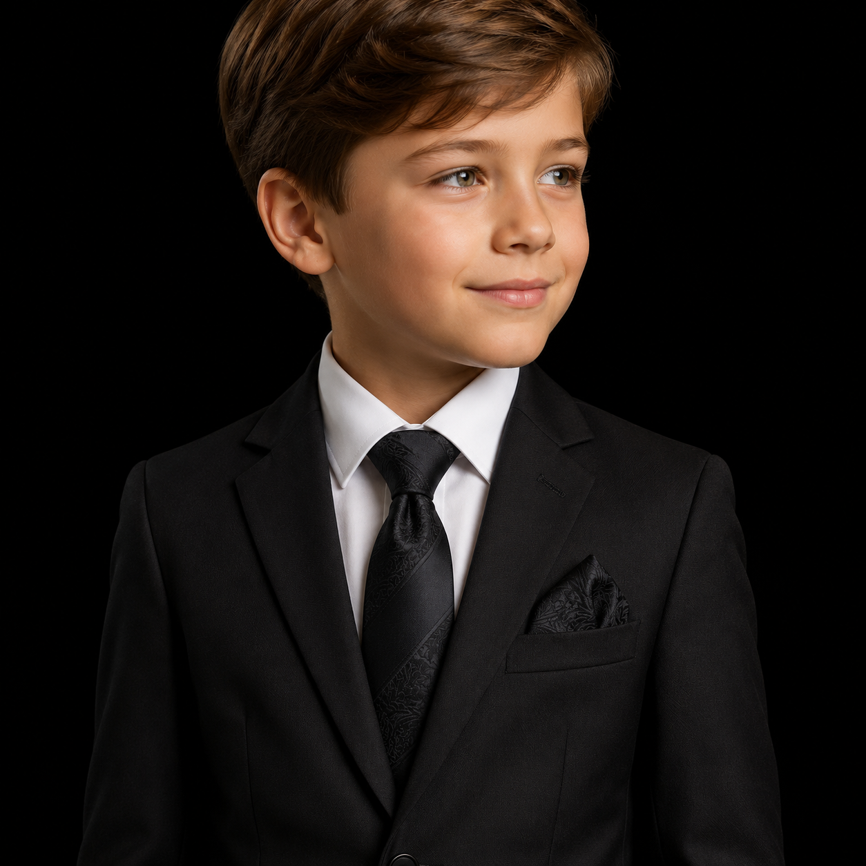 A young boy wearing a black boys' suit with a white dress shirt, black patterned tie, and matching pocket square, photographed against a solid black background.
