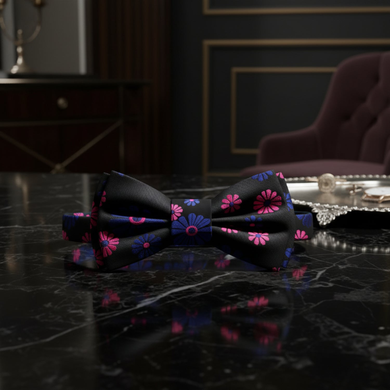 Black Pink Blue Cactus Flowers Pre Tied Bow Tie