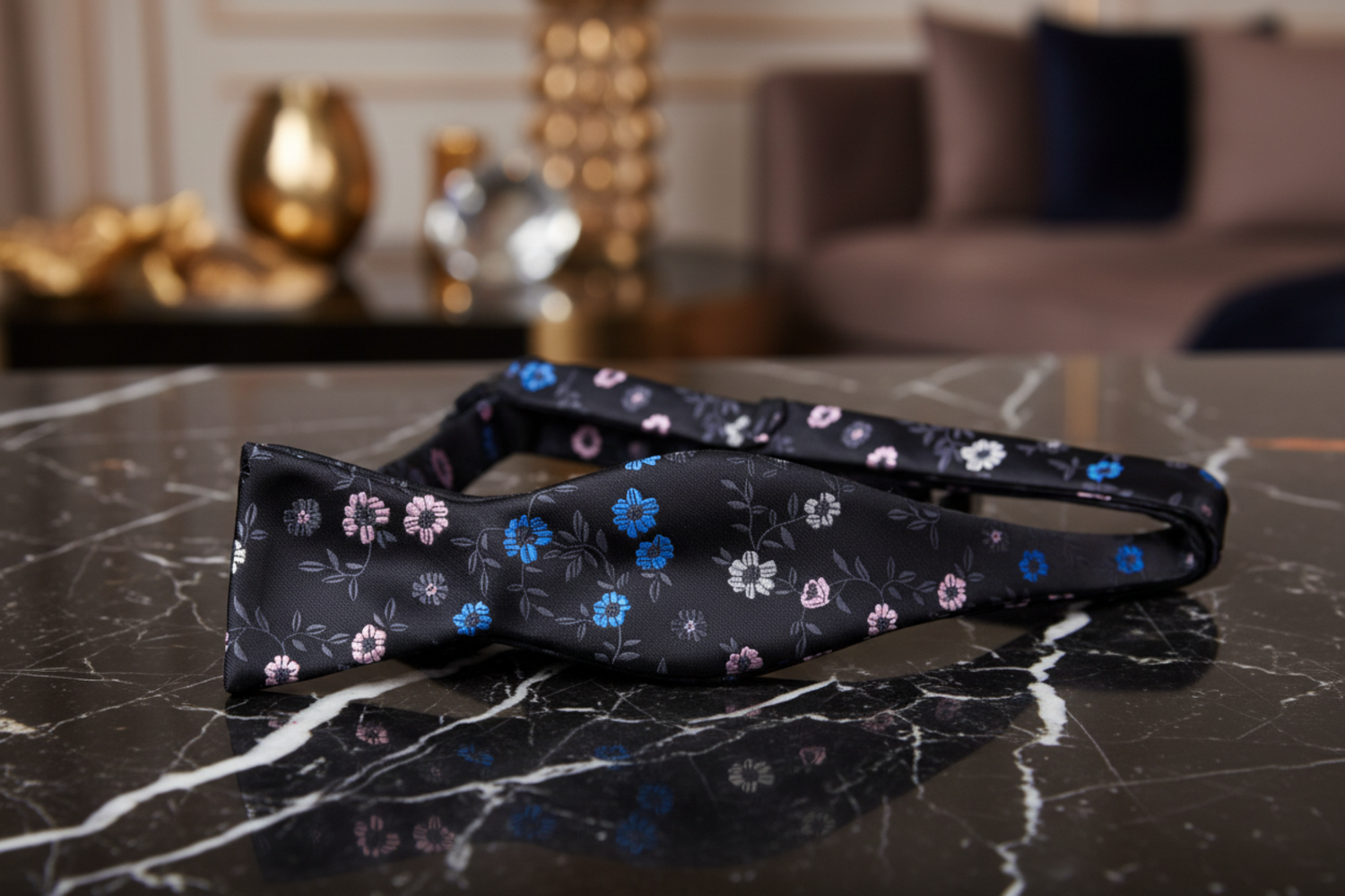 Self Tie: A Black, Grey, Pink, Blue Floral Pattern Bow Tie