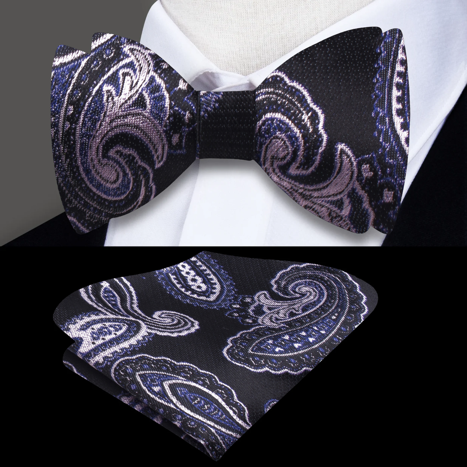A Black, Pink Paisley Pattern Self Tie Bow Tie, Matching Pocket Square