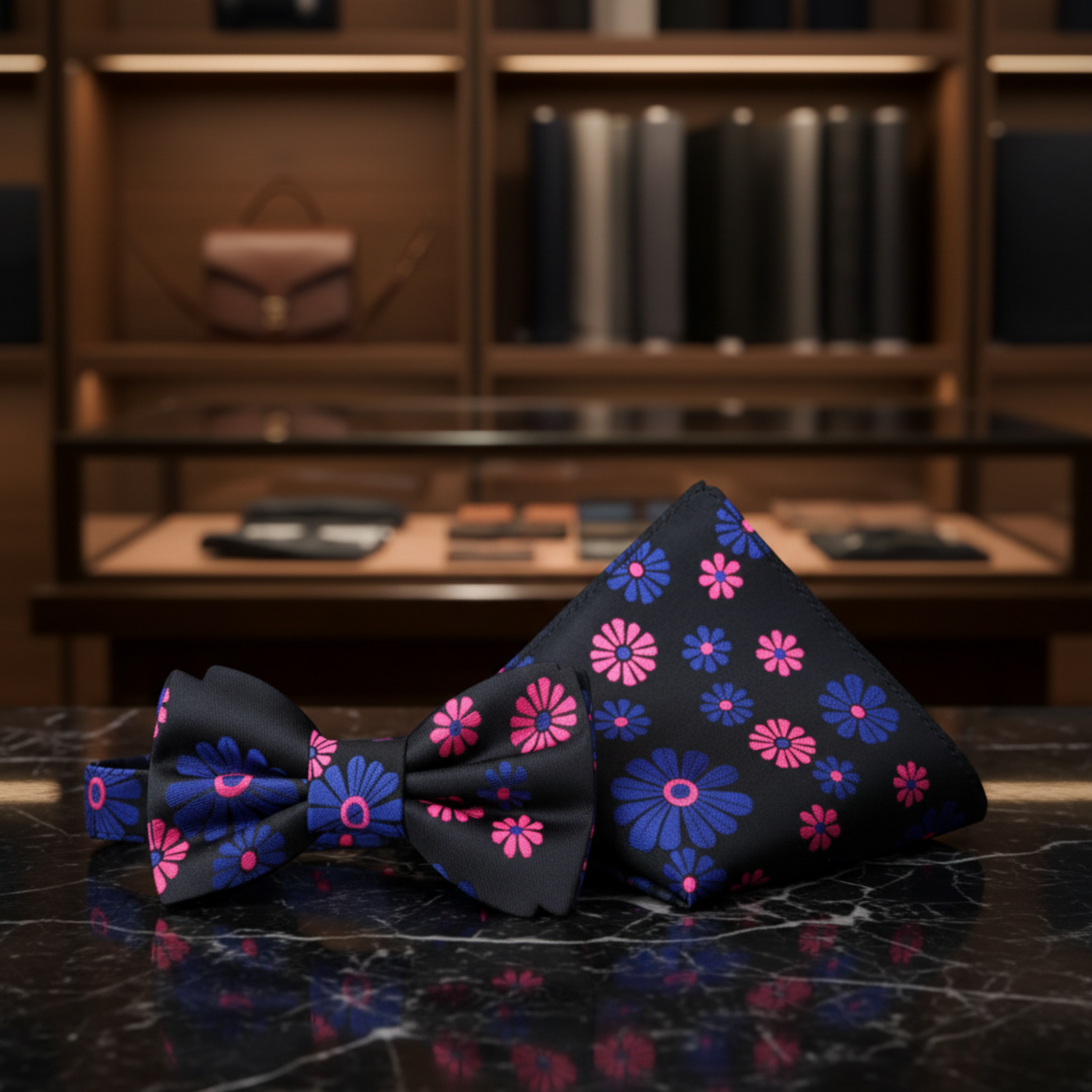 Black Pink Blue Simple Flower Bow Tie and Square