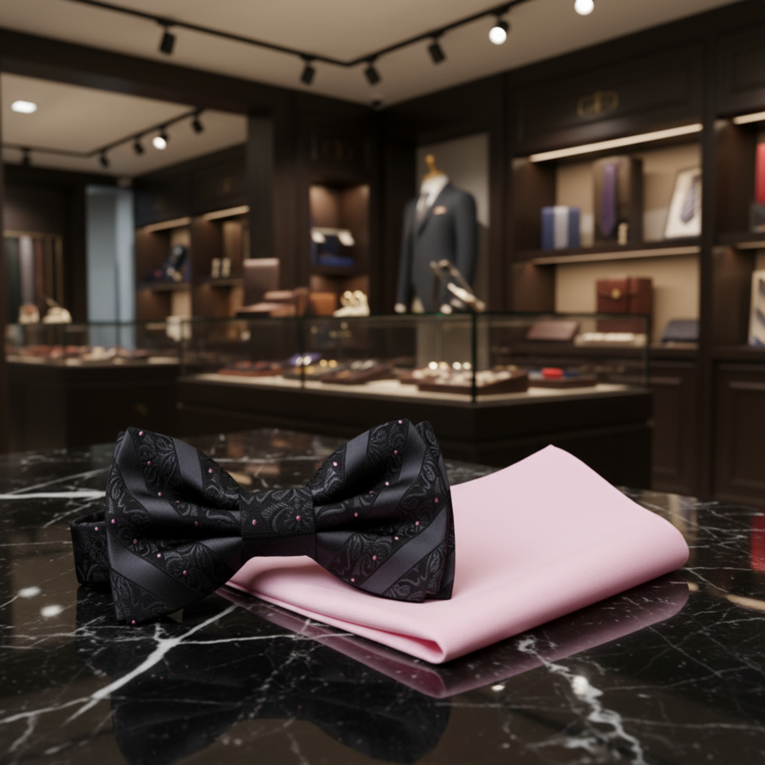 Black, Pink Dot Floral Texture Bow Tie and Pink Square