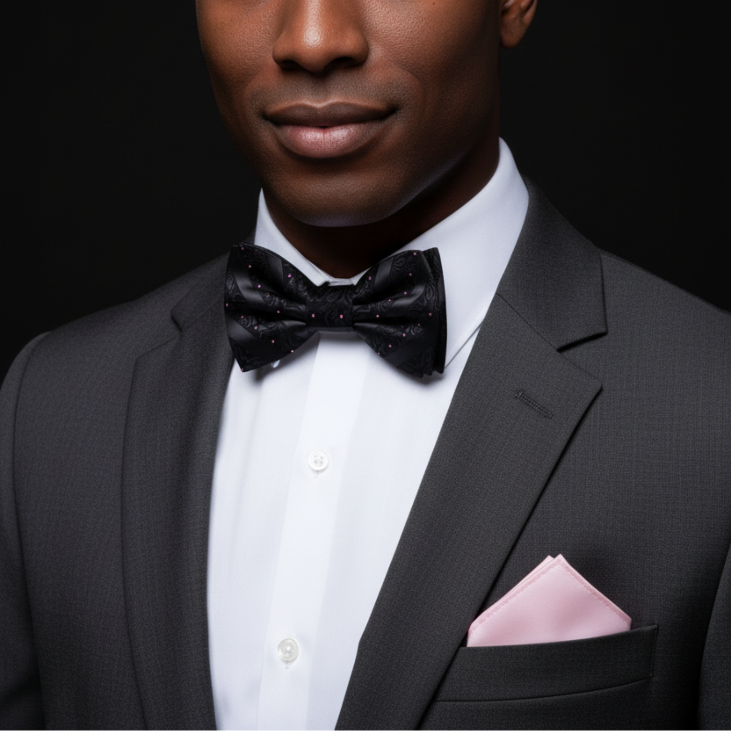 Man wearing black with pink dot bow tie and accenting pink square on man