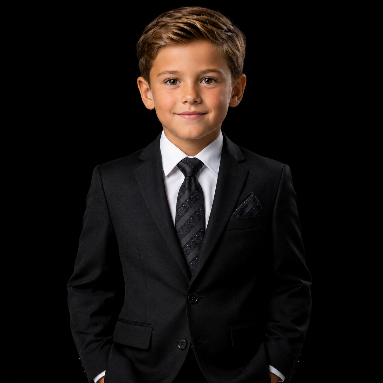 Young boy in a black suit with a white shirt and black tie on a black background