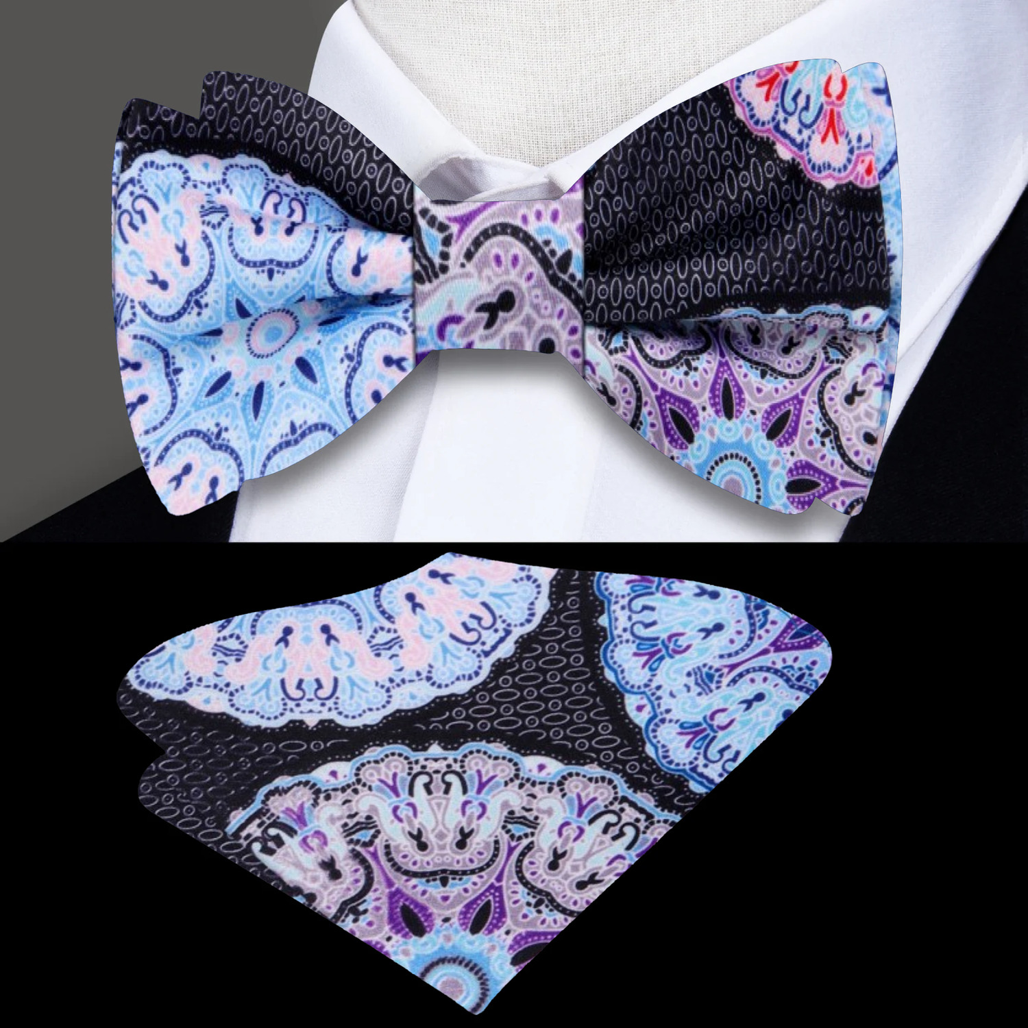 Black Blue Pink Abstract Bow Tie and Pocket Square||Black
