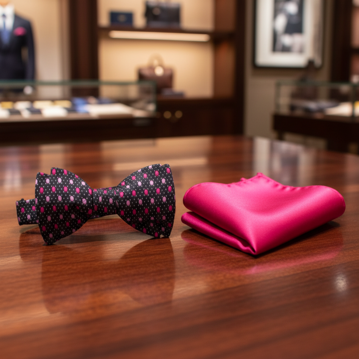 Black, Pink Modern Polka Bow Tie and Pocket Square