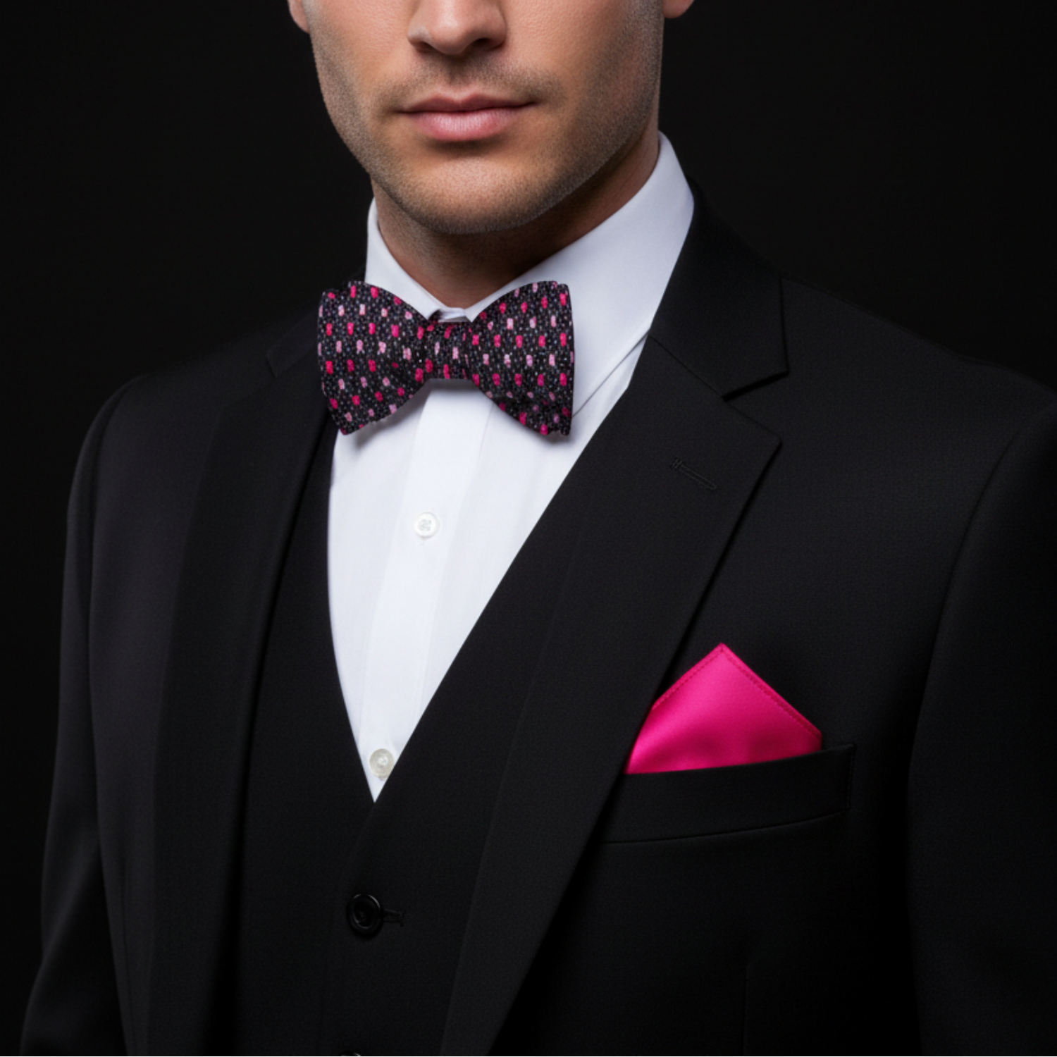 Man wearing a black suit with a pink bow tie and pocket square on a dark background