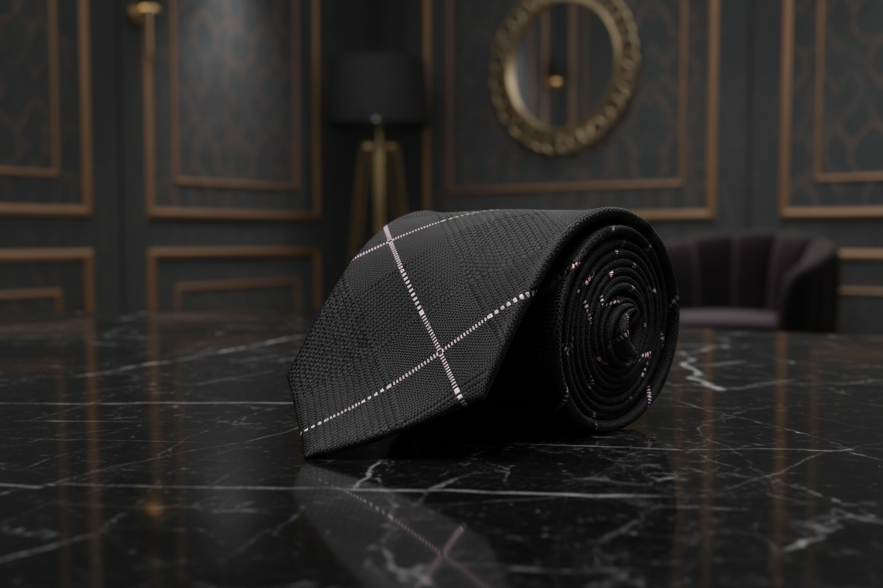 Black patterned tie on a dark marble surface with a decorative background
