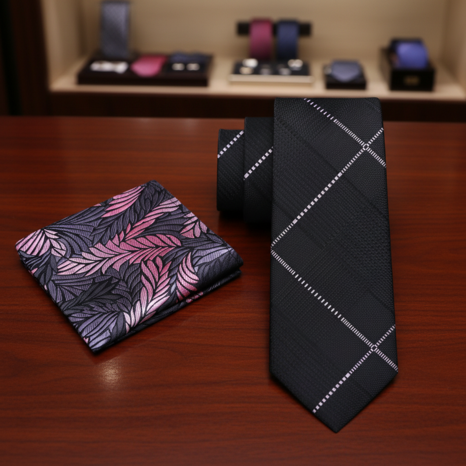 Alt View: Black, Pink Plaid Tie and Grey, Pink Feather Square