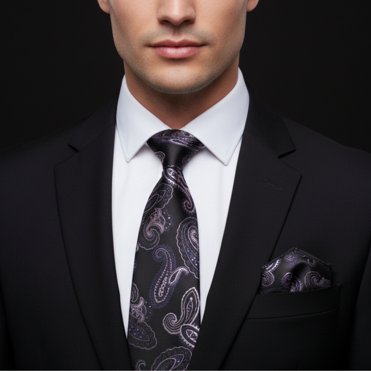 Man wearing a black suit with a patterned tie and pocket square on a dark background