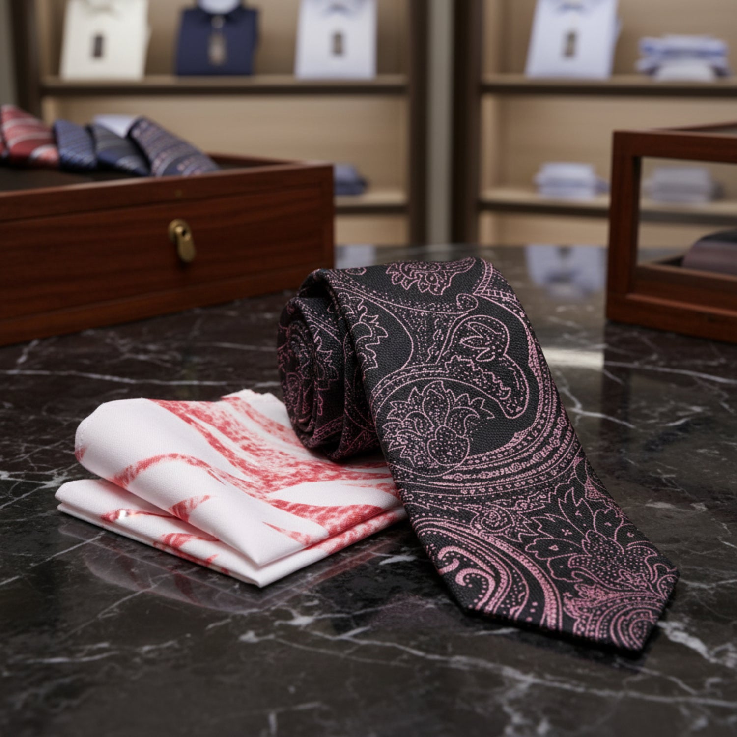 Alt: Black, Pink Paisley Necktie and Accenting Square