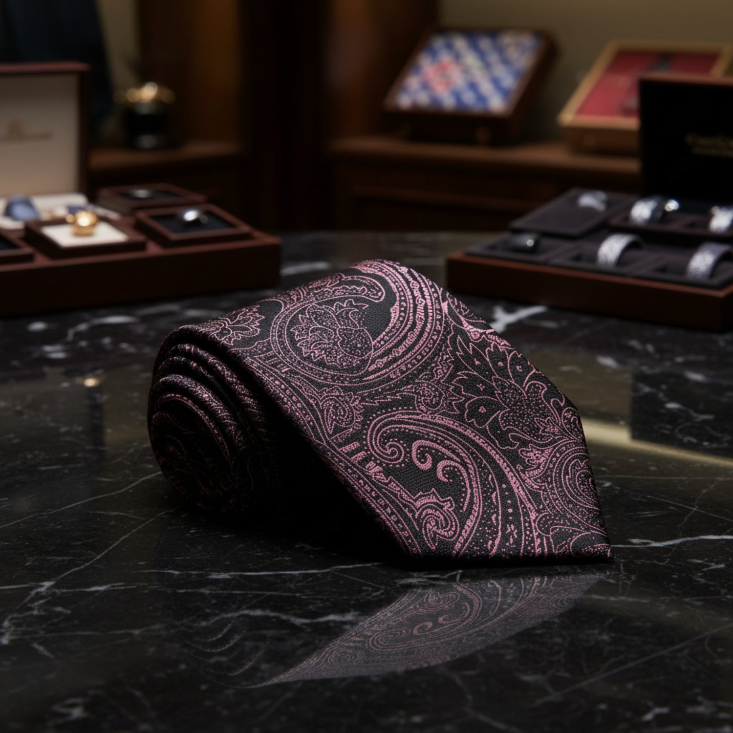 Rolled Up Black, Pink Paisley Necktie