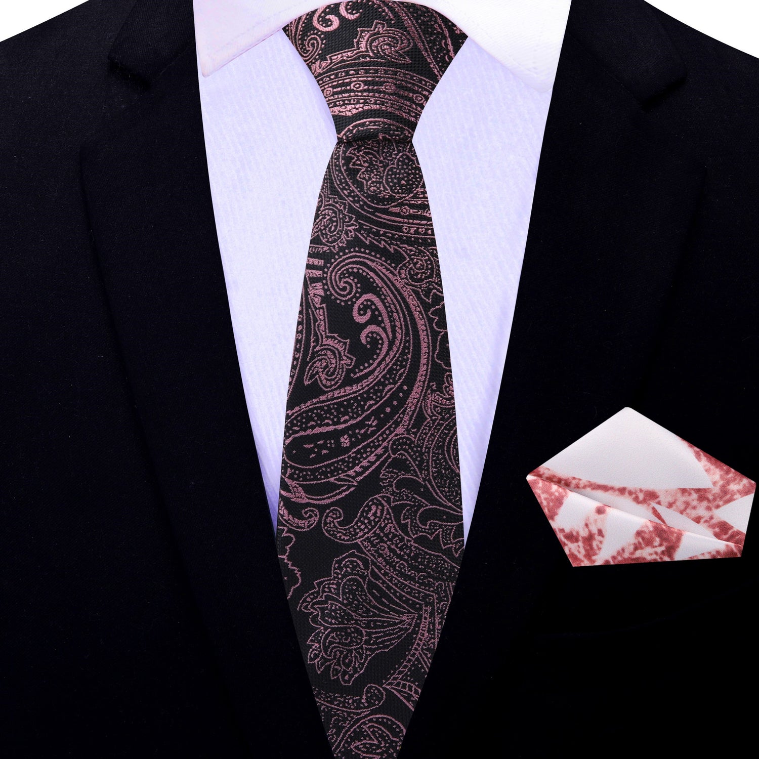Thin: Black, Pink Paisley Necktie and Accenting Square