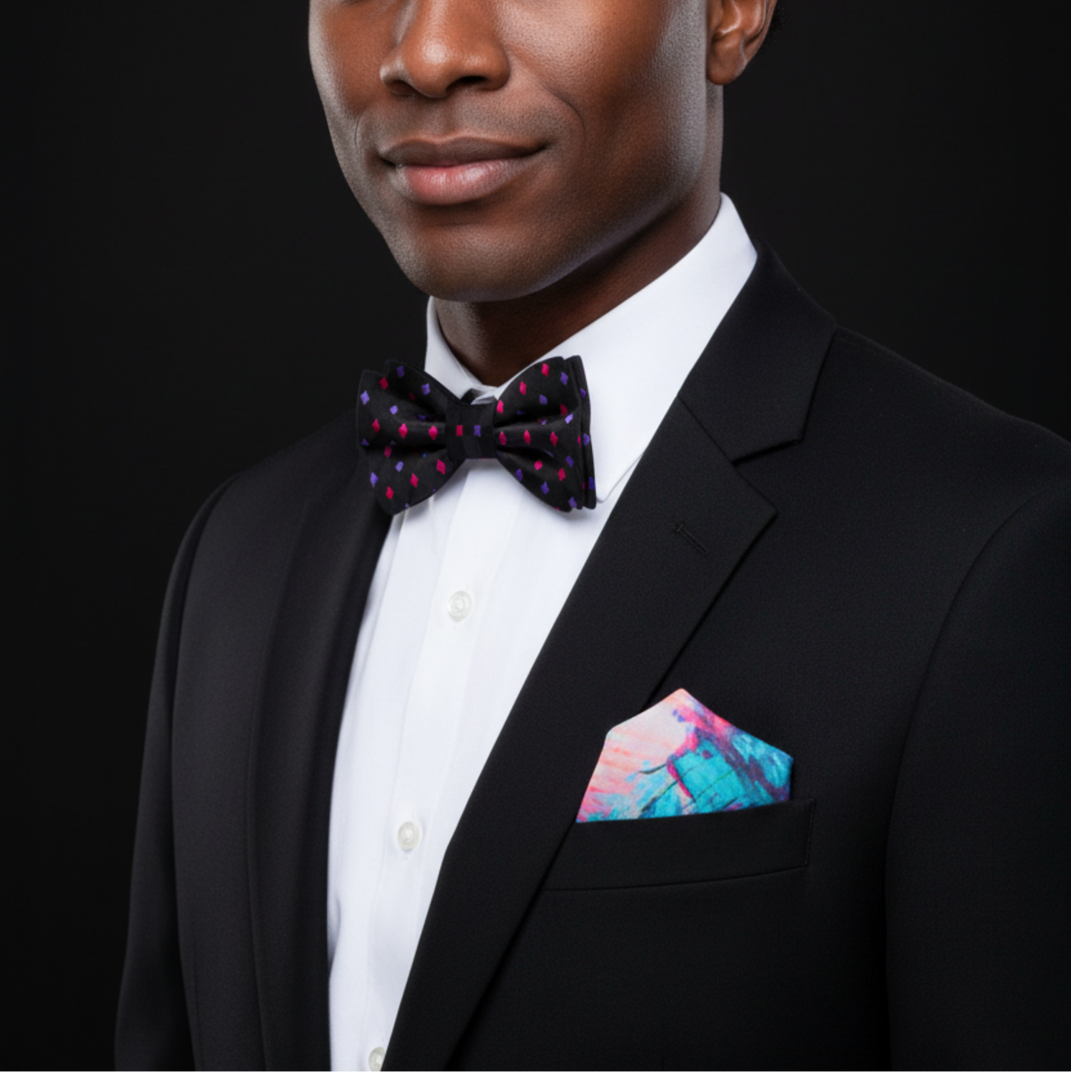 Man wearing a black suit with a colorful bow tie and pocket square on a black background