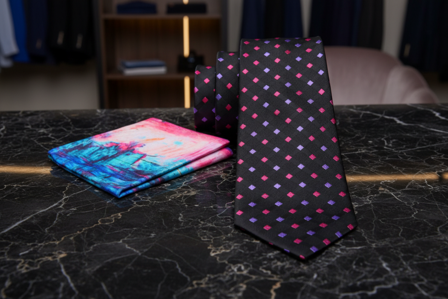 Alt Black, Pink, Purple Geometric Tie and Accenting Pocket Square