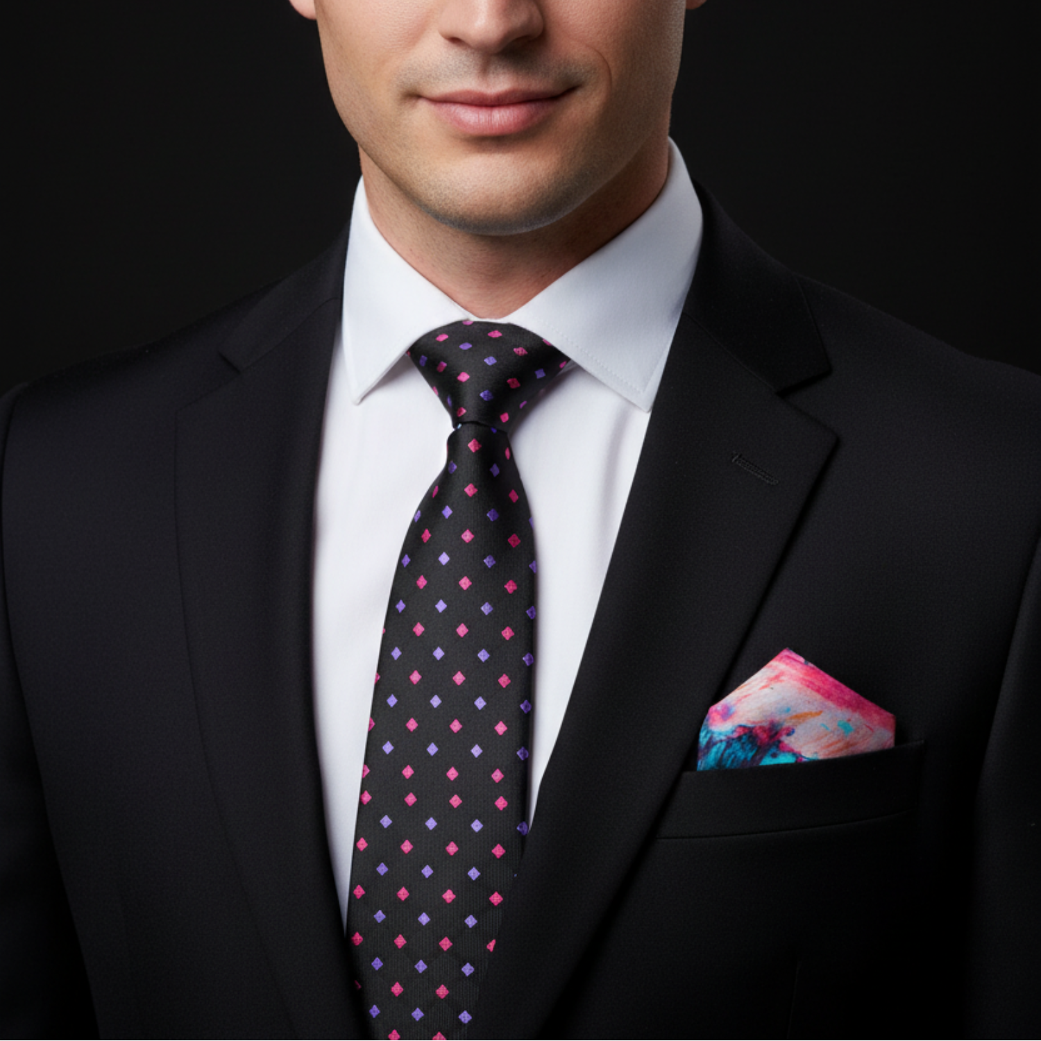 Man wearing a black suit with a patterned tie and colorful pocket square against a black background
