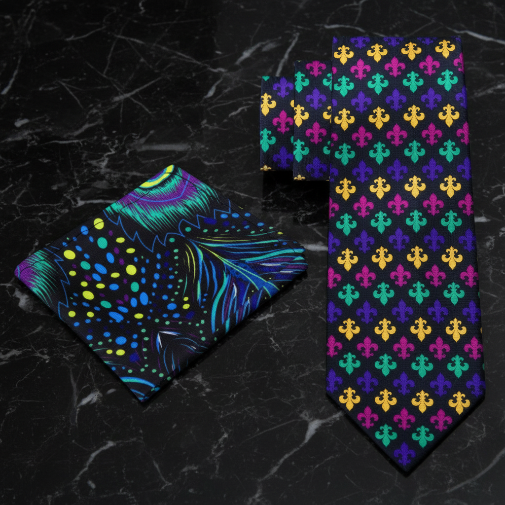 Alt Black, Multi Color Fleur De Lis Necktie and Accenting Square