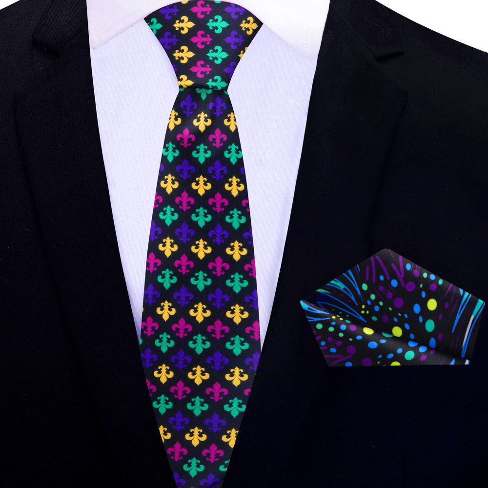 Thin Black, Multi Color Fleur De Lis Necktie and Accenting Square