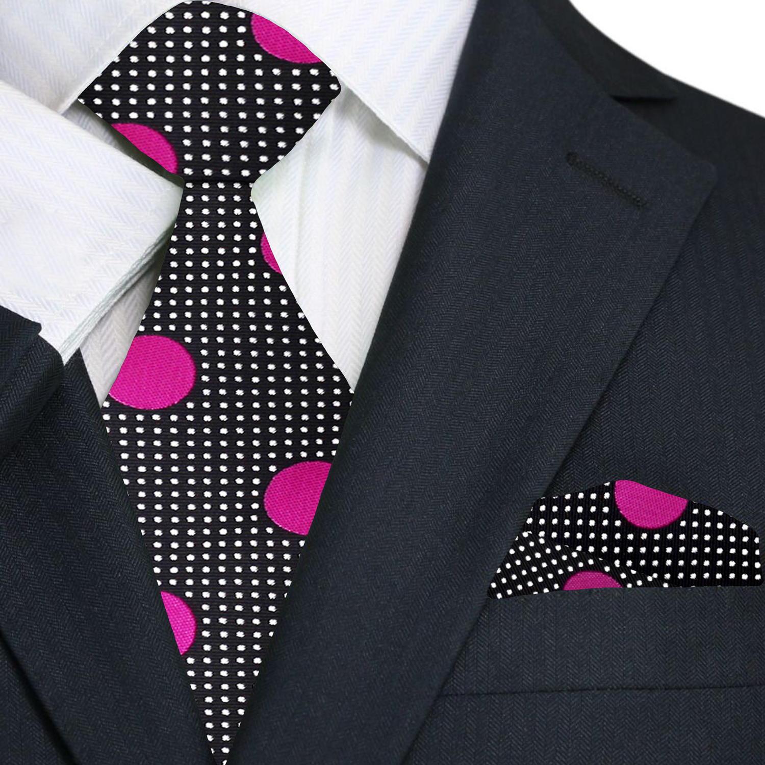 Main: A Black, Pink Dots Pattern Necktie, Matching Pocket Square 