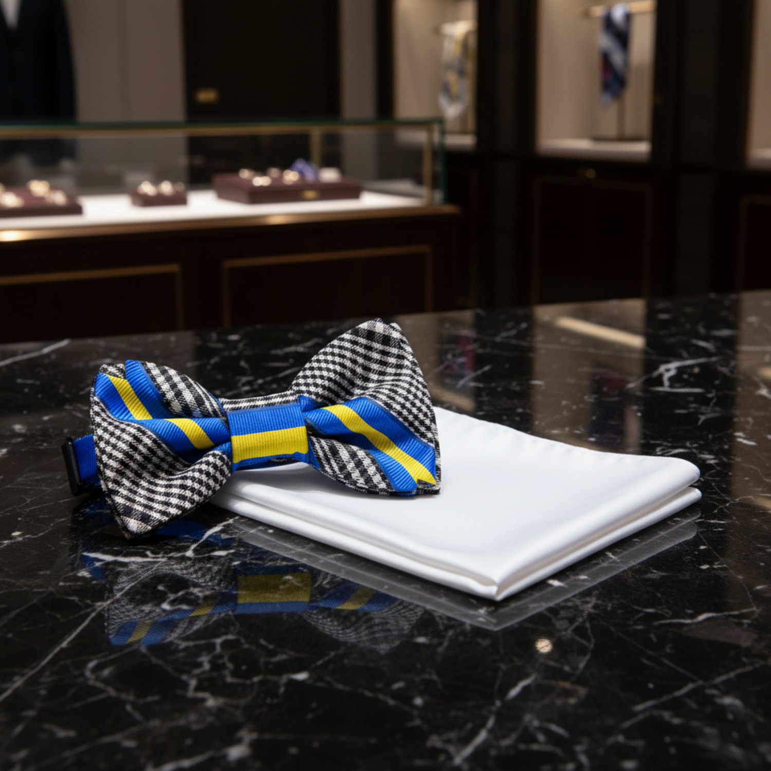 Black Plaid with Blue Yellow Stripe Bow Tie and White Square