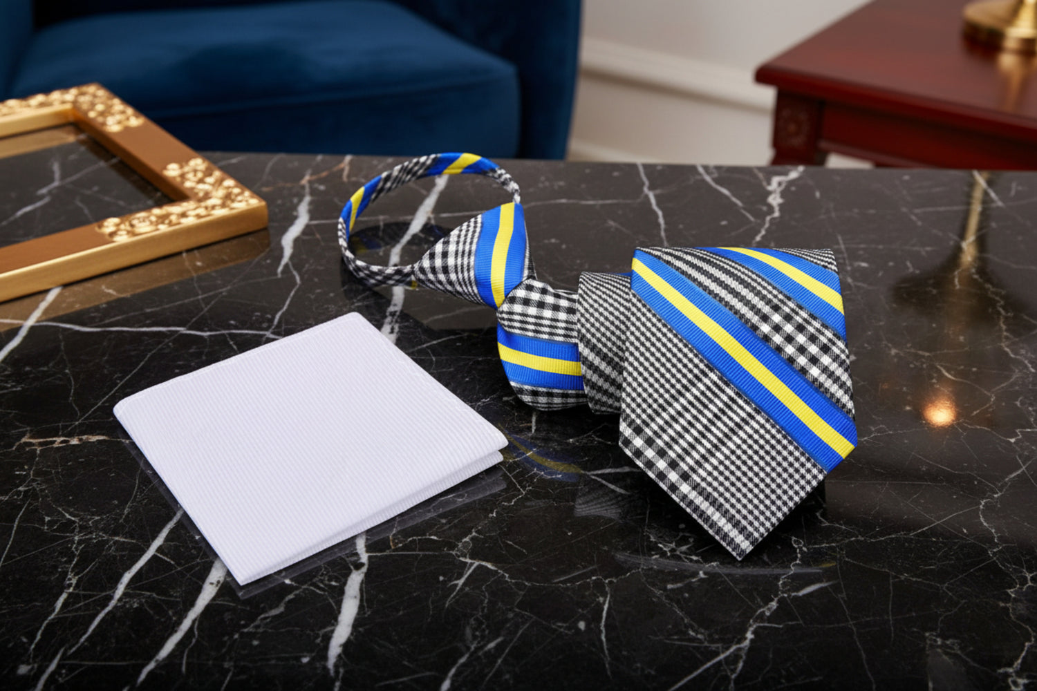Zip: Black Grey Plaid Blue Yellow Stripe Necktie and White Square