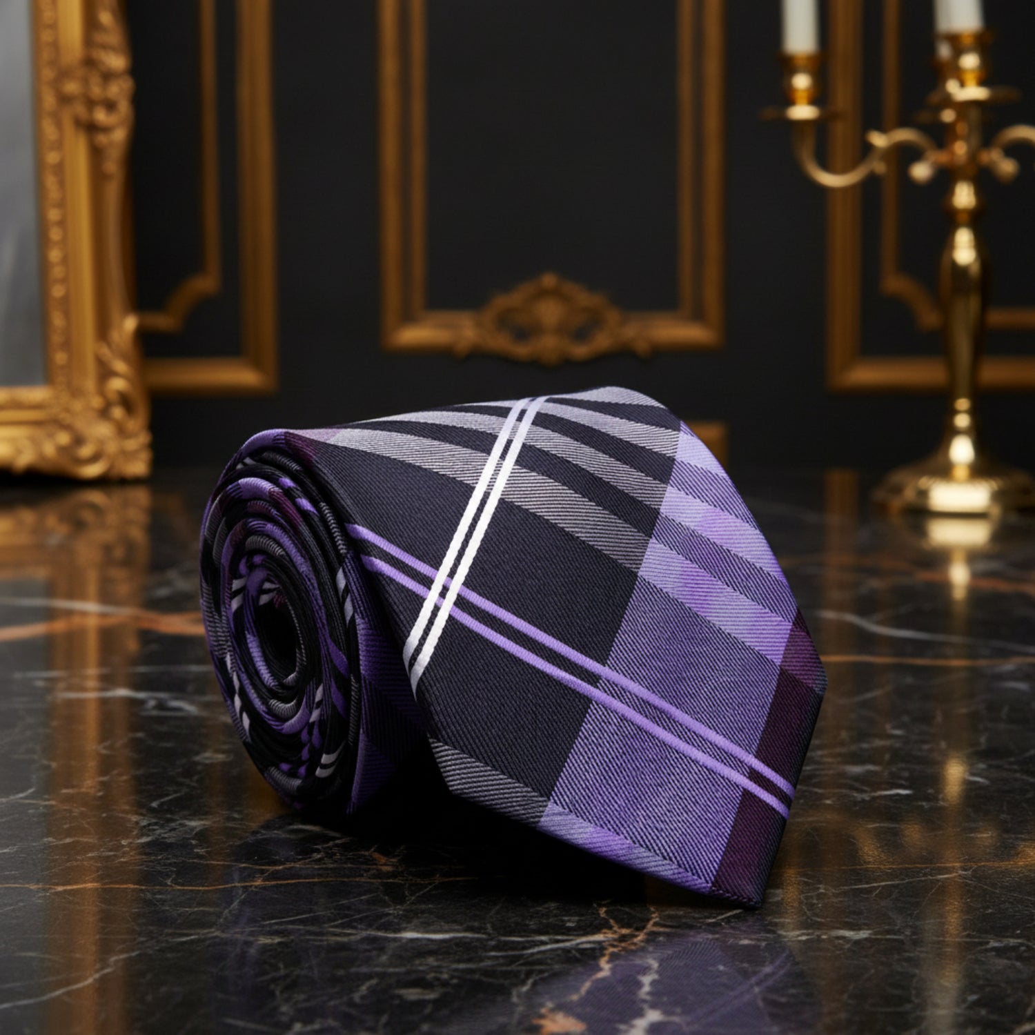 Black, Grey and Purple Plaid Necktie