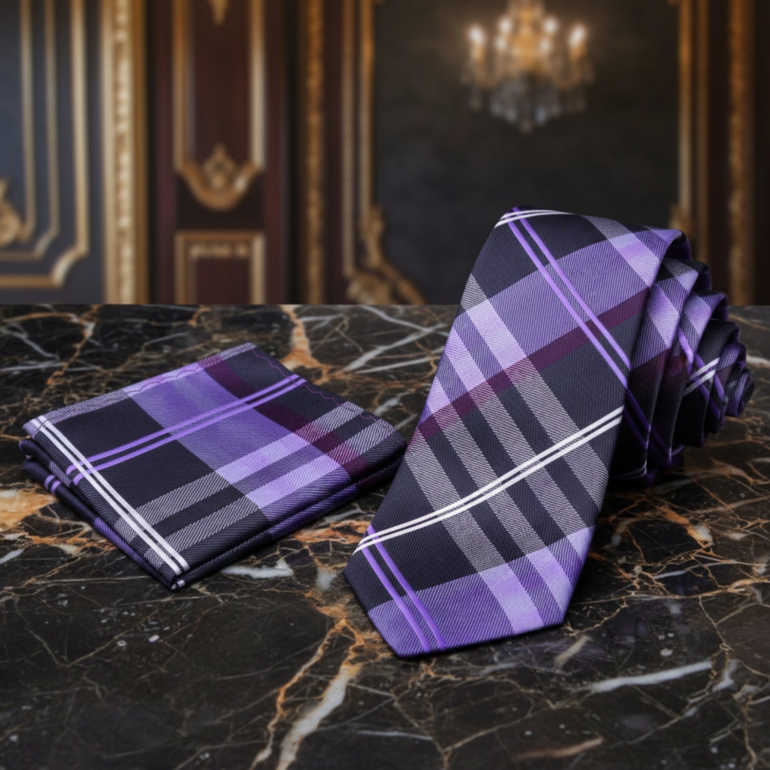 Alt Black, Grey and Purple Plaid Necktie and Square