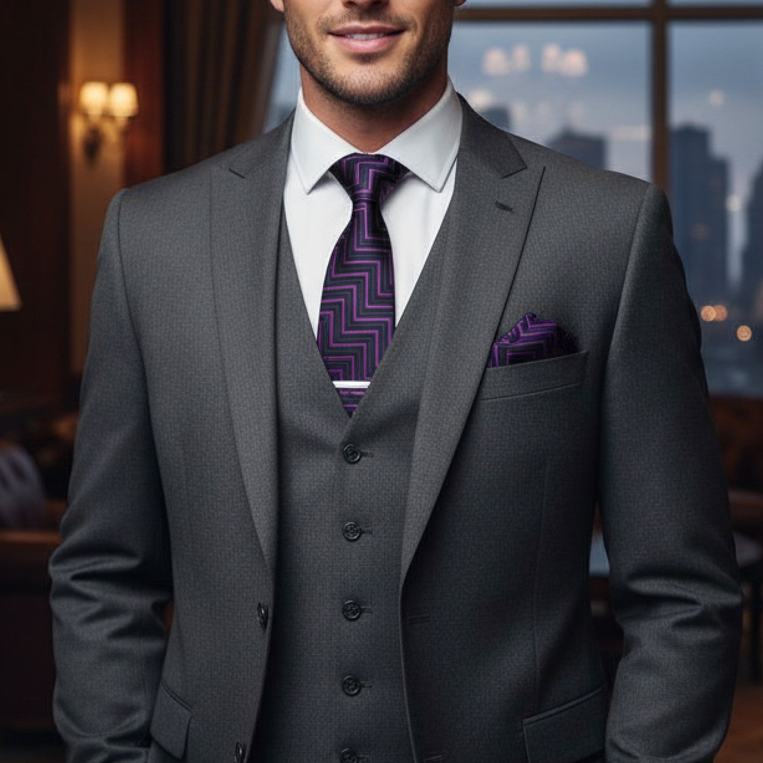 Man wearing a gray suit with a purple tie and pocket square, standing in an indoor setting.