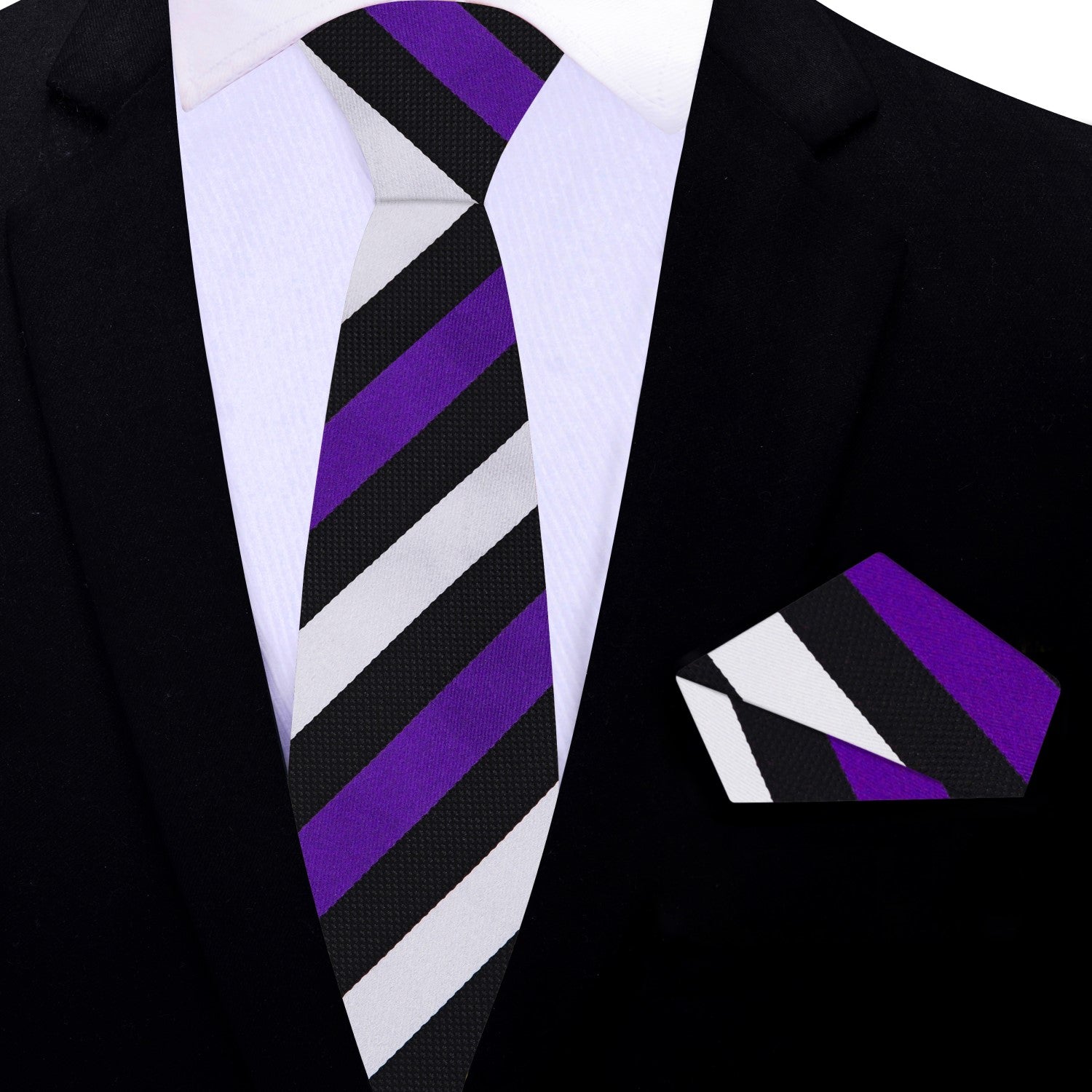 Thin Black Light Grey Purple Stutter Step Stripe Necktie and Square