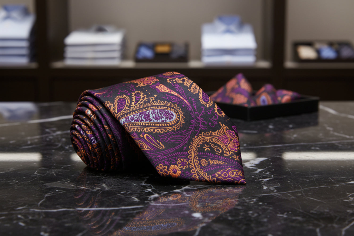 Purple and orange paisley-patterned fabric necktie
