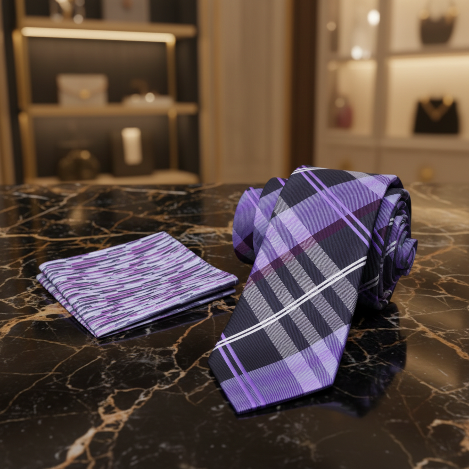 Alt Black, Grey and Purple Plaid Necktie and Accenting Square