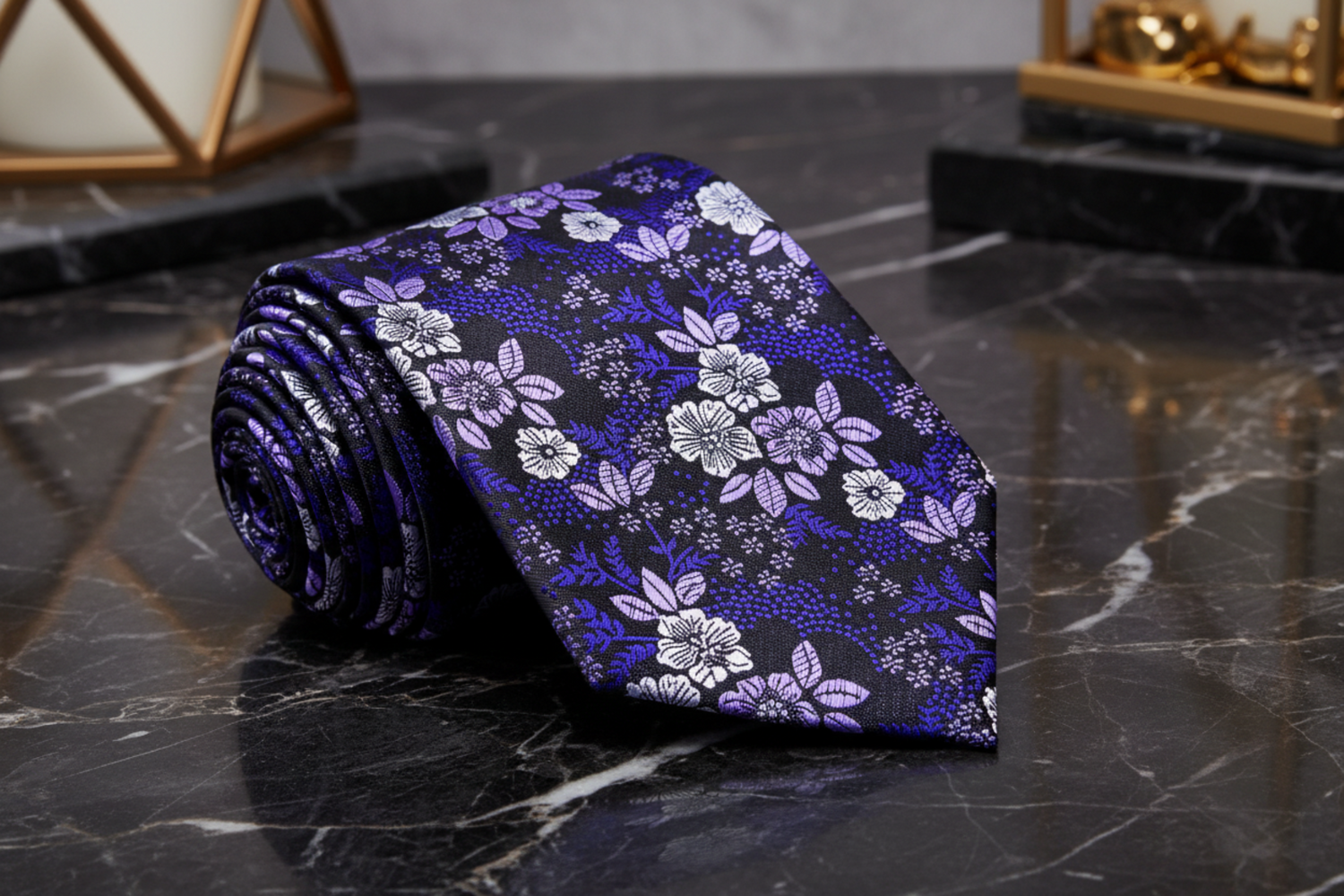 A Dark Purple, Purple, White Floral Pattern Necktie  