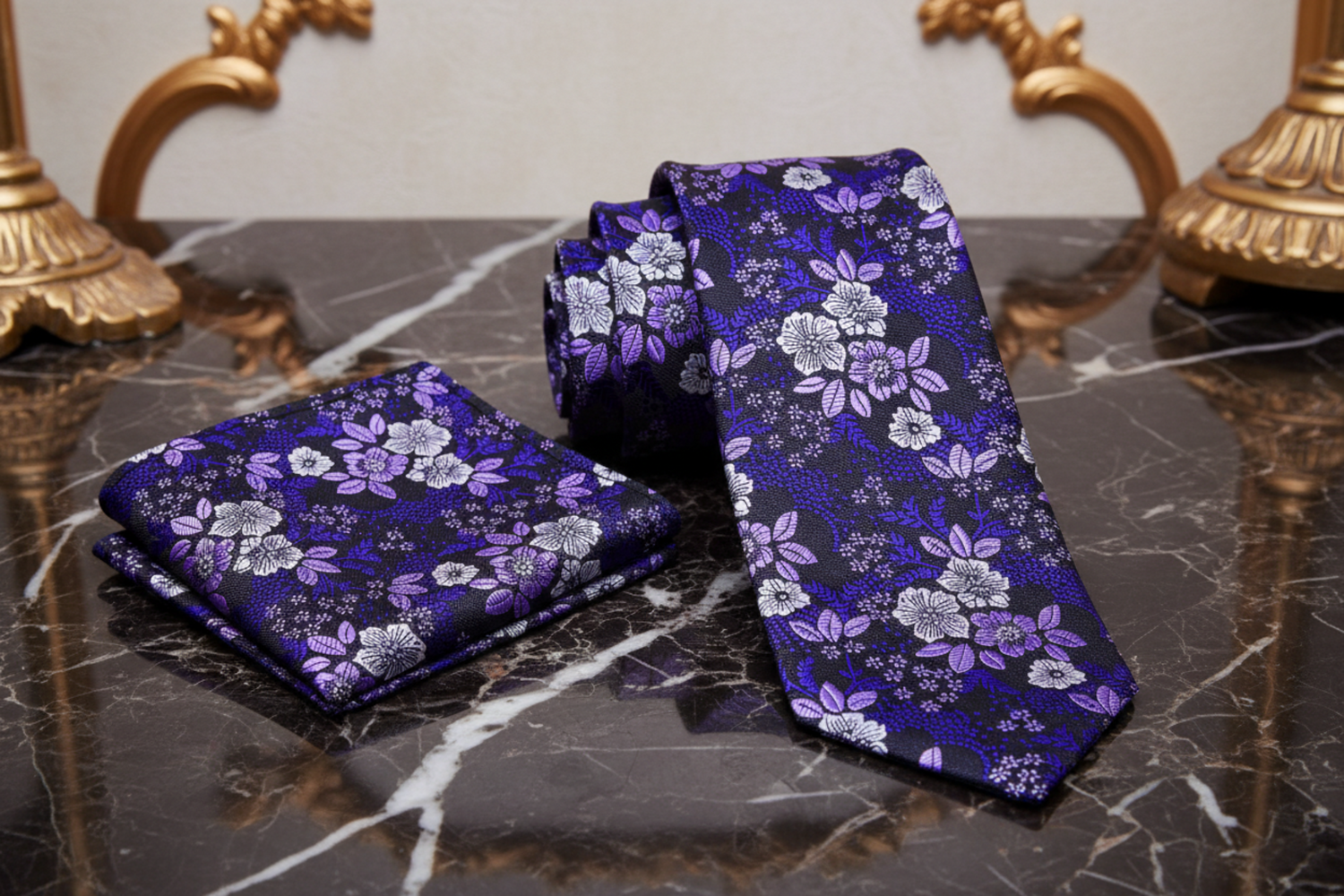 View 2: A Dark Purple, Purple, White Floral Pattern Necktie With Matching Pocket Square