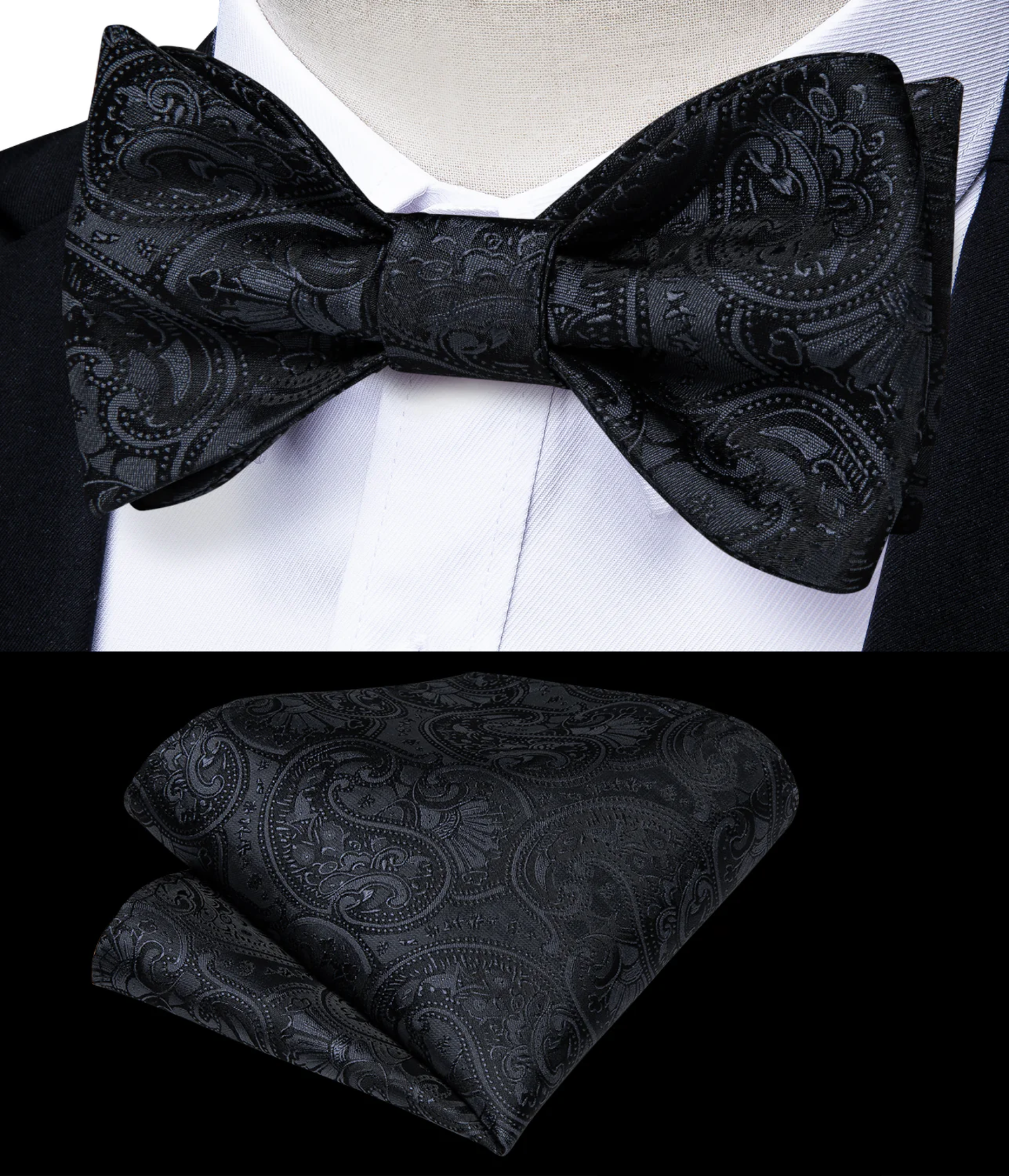 A Black, Graphite Paisley Pattern Self Tie Bow Tie, Matching Pocket Square