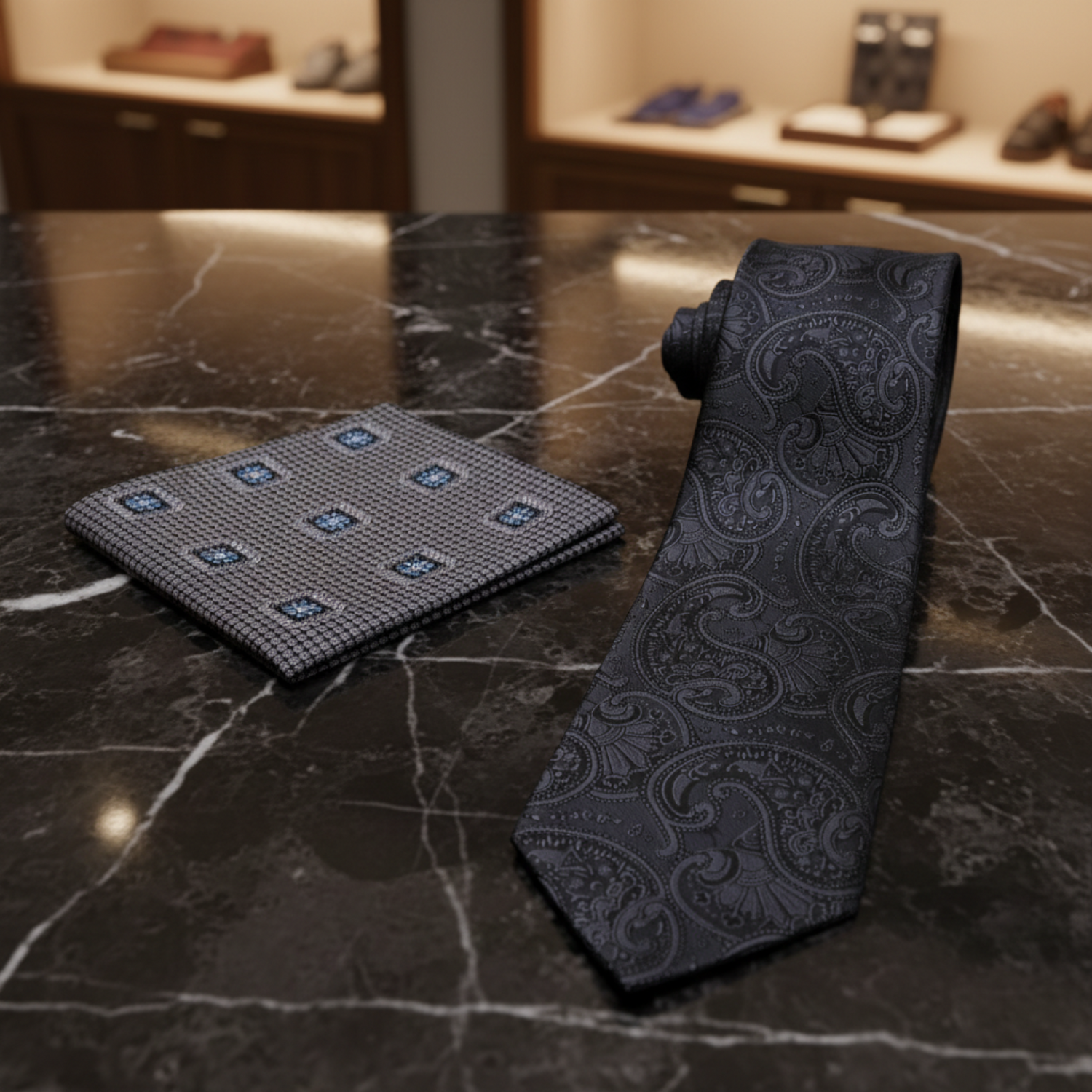 Premium A Black, Graphite Paisley Pattern Necktie and Accenting Pocket Square