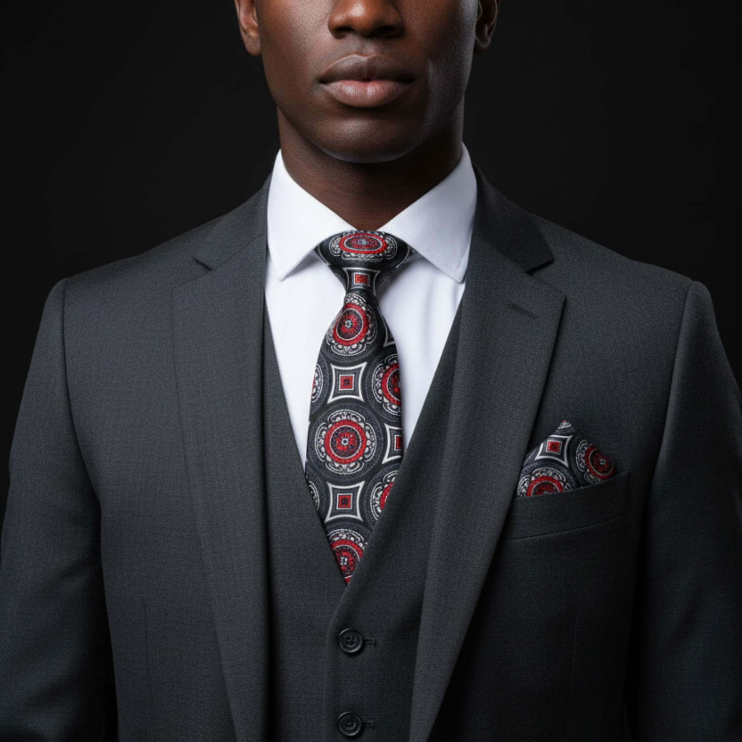 Man wearing a gray suit with a patterned tie and pocket square on a black background